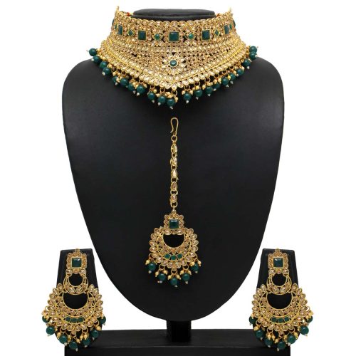 Green Color Kundan Polki Choker Necklace Set