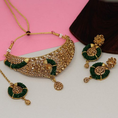 Green Color Kundan Polki Necklace Set