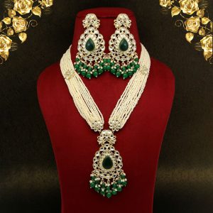 Green Color Long Kundan Necklace Set-0