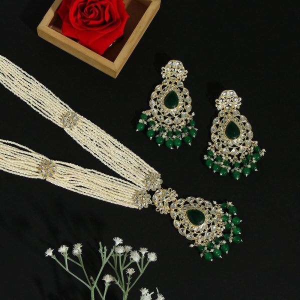Green Color Long Kundan Necklace Set-3709