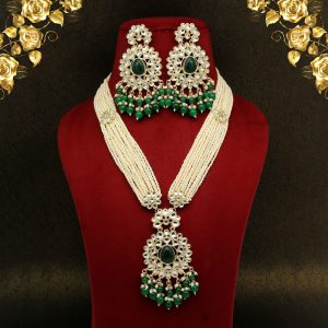 Green Color Long Kundan Necklace Set-0