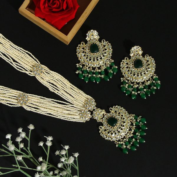 Green Color Long Kundan Necklace Set-3737