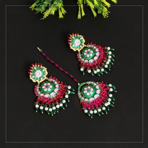 Green Color Meenakari Earrings Tikka Set-0