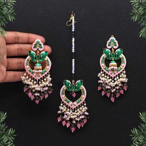 Green Color Meenakari Earrings With Maang Tikka-0