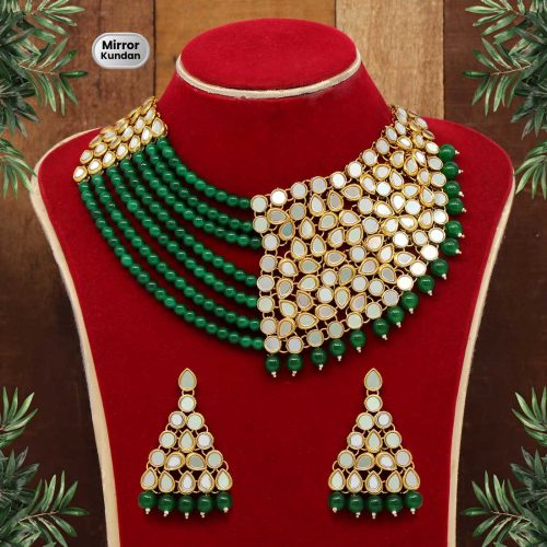 Green Color Mirror Kundan Necklace Set