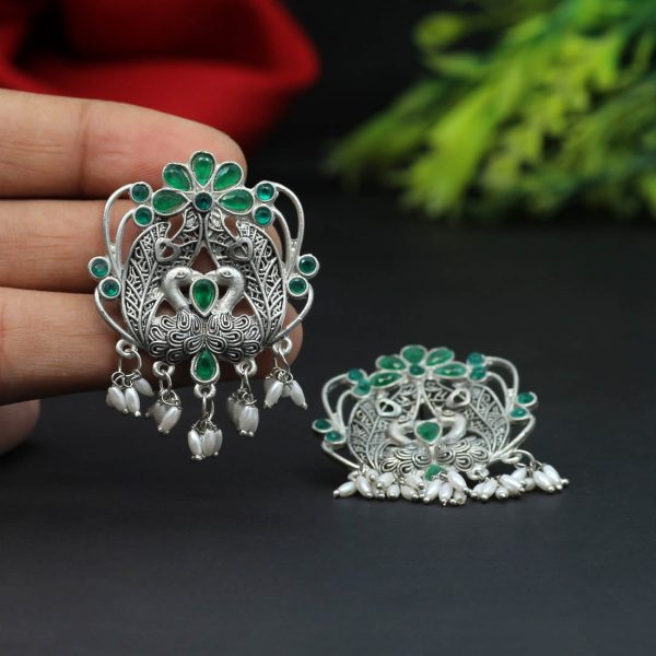 Green Color Oxidised Earrings-14739