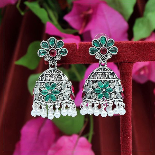 Green Color Oxidised Earrings-14025