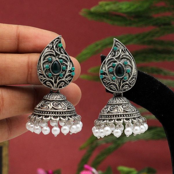 Green Color Oxidised Earrings-3409