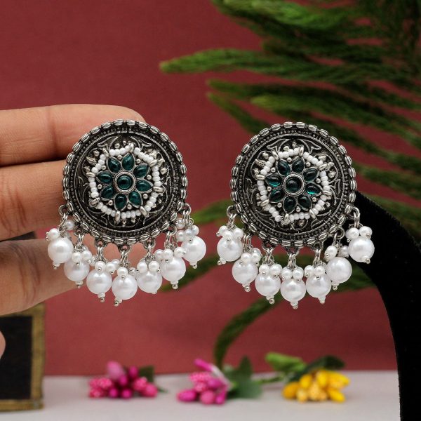 Green Color Oxidised Earrings-3353