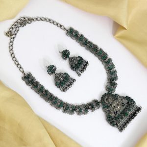Green Color Oxidised Temple Necklace Set-0