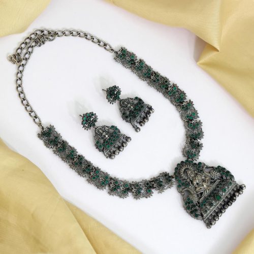 Green Color Oxidised Temple Necklace Set