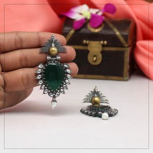 Green Color Oxidised Two Tone Earrings-0