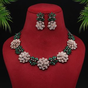 Green Color Premium American Diamond Necklace Set-0