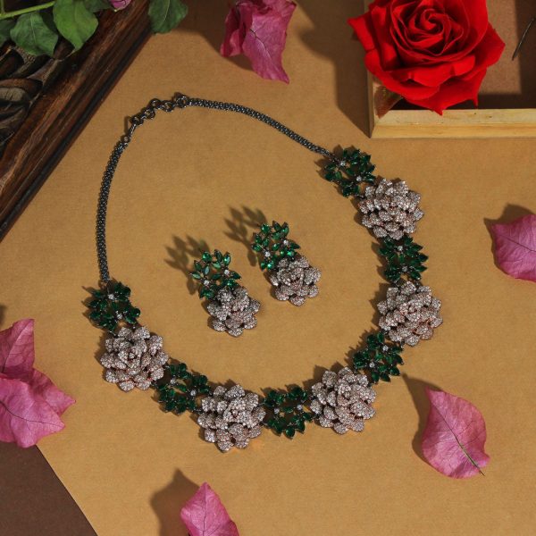 Green Color Premium American Diamond Necklace Set-4711