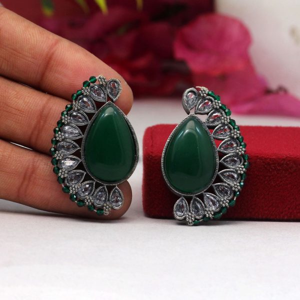 Green Color Premium Oxidised Earrings-4576