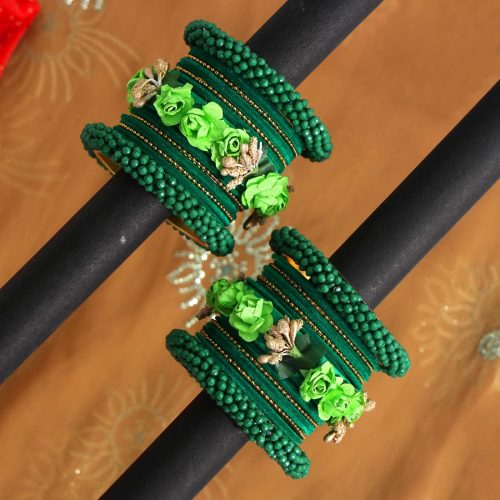 Green Color Rose Floral Bangles Set Size: 2.6