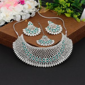 Green Color Stone Choker Necklace Set-0
