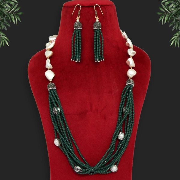 Green Color Stone Necklace Set-10656