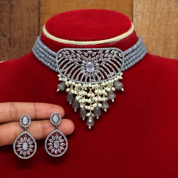 Grey Color American Diamond Necklaces Set-0