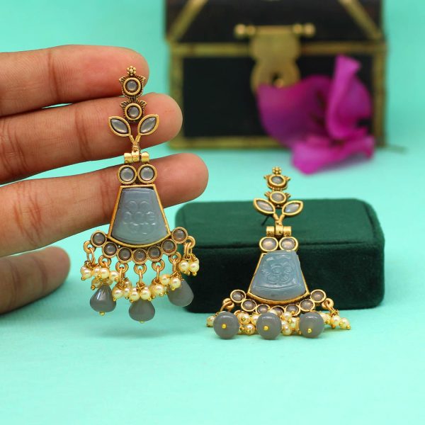 Grey Color Carving Stone Antique Earrings-14482