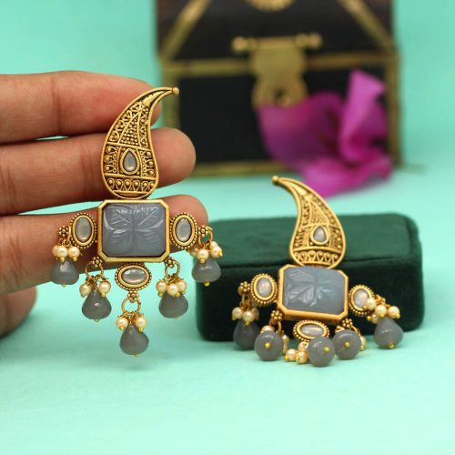 Grey Color Carving Stone Antique Earrings