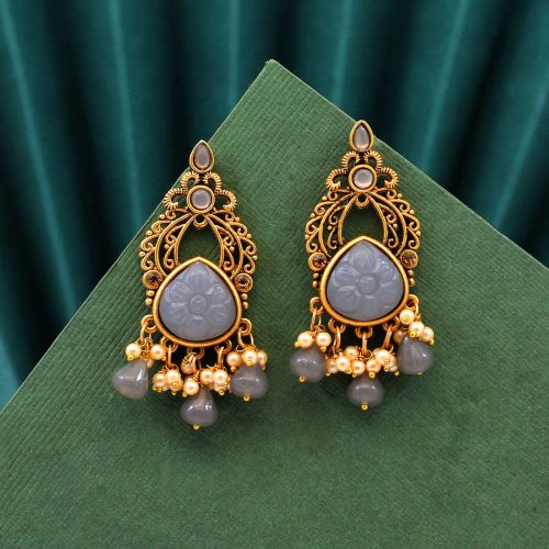 Grey Color Carving Stone Antique Earrings