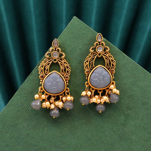 Grey Color Carving Stone Antique Earrings-0