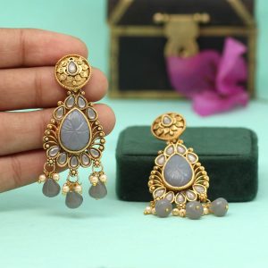 Grey Color Carving Stone Antique Earrings-0