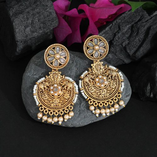 Grey Color Colorful Kundan Antique Earrings