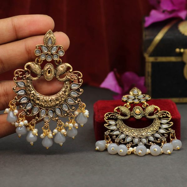 Grey Color Colorful Kundan Antique Earrings-14238