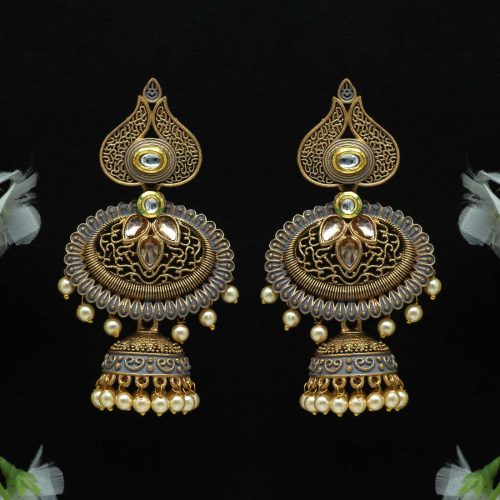 Grey Color Glass Stone Mint Meena Earrings