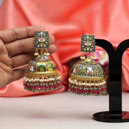 Grey Color Hand Painted Meenakari Earrings