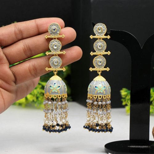 Grey Color Hand Painted Meenakari Earrings