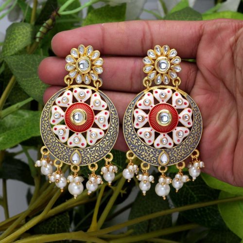 Grey Color Kundan Meenakari Earrings