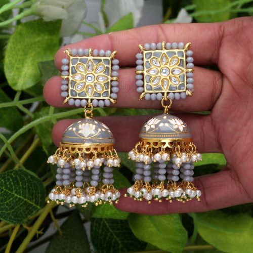 Grey Color Kundan Meenakari Earrings