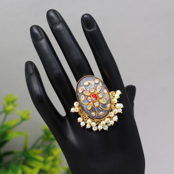 Grey Color Kundan Meenakari Finger Ring For Women-15975