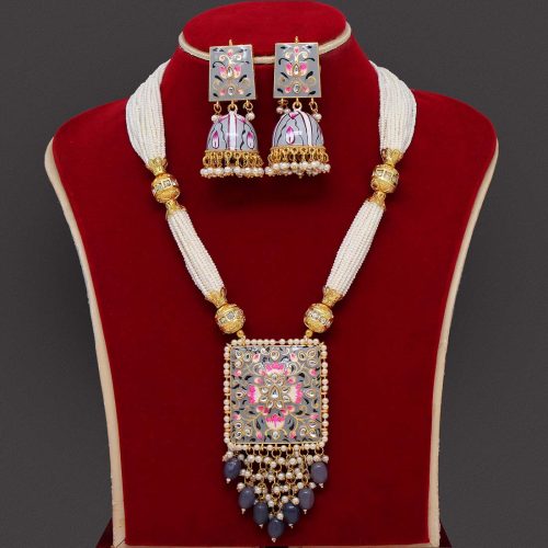 Grey Color Kundan Meenakari Necklace Set