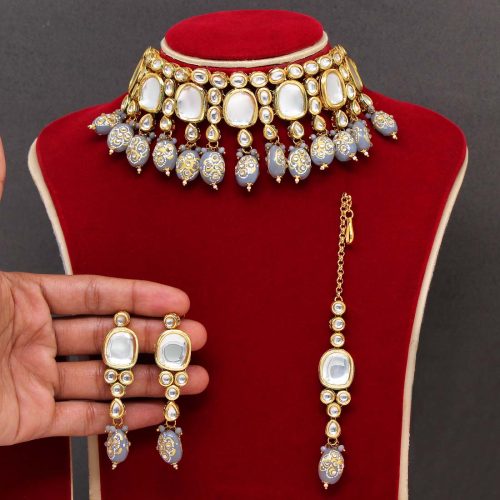 Grey Color Kundan Meenakari Necklace Set