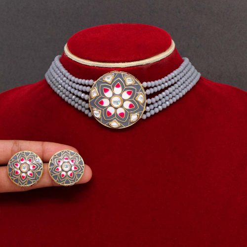 Grey Color Kundan Meenakari Necklace Set