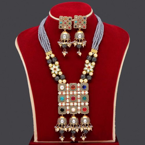 Grey Color Kundan Meenakari Necklace Set