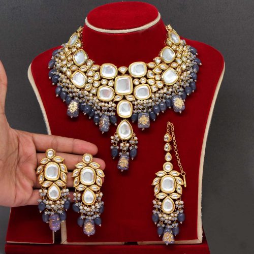 Grey Color Kundan Meenakari Necklace Set