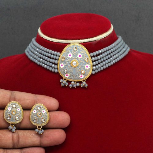 Grey Color Kundan Meenakari Necklace Set