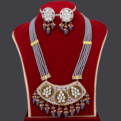 Grey Color Kundan Meenakari Necklace Set