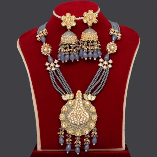 Grey Color Kundan Meenakari Necklace Set