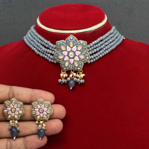 Grey Color Kundan Meenakari Necklace Set