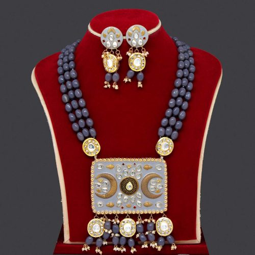 Grey Color Kundan Meenakari Necklace Set