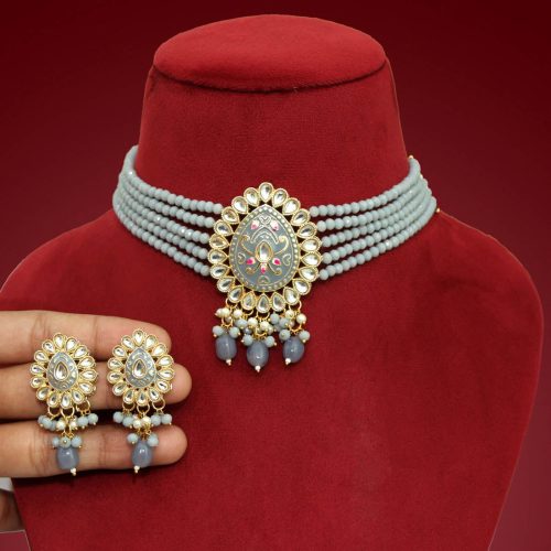 Grey Color Kundan Meenakari Necklace Set