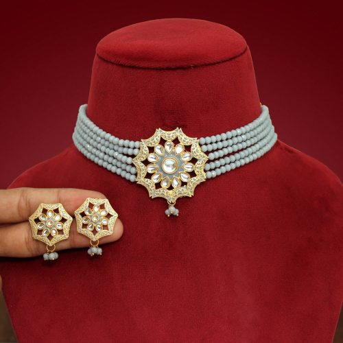 Grey Color Kundan Meenakari Necklace Set