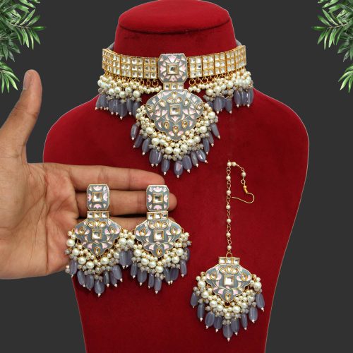 Grey Color Kundan Meenakari Necklace Set