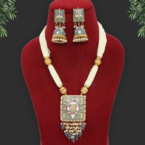 Grey Color Kundan Meenakari Necklace Set